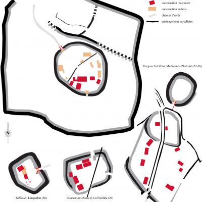 Plans simplifiés de différentes enceintes du haut moyen-âge ayant fait l'objet de sondage ou de fouille.DAO Benjamin Leroy
