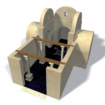 Cahaix, domus de l'hopital, reconstitution  en 3D de la salle d'apparat de la domus en cours de fouille© G. Le Cloirec