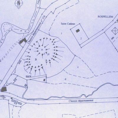 Carnoët, Rospellen. Plan cadastral figurant la Motte. Dessin Drac Sra