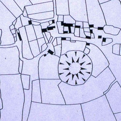 Motreff, Kergorlay. Plan cadastral figurant l'emprise de la Motte. DAO P. Kernevez