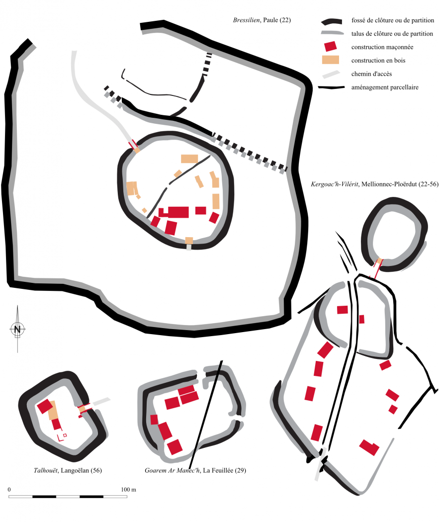 Plans simplifiés de différentes enceintes du haut moyen-âge ayant fait l'objet de sondage ou de fouille.DAO Benjamin Leroy Plans simplifiés de différentes enceintes du haut moyen-âge ayant fait l'objet de sondage ou de fouille.DAO Benjamin Leroy