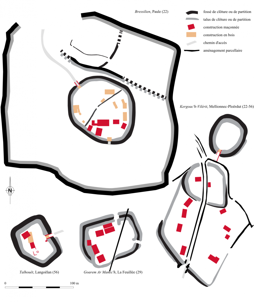 Plans simplifiés de différentes enceintes du haut moyen-âge ayant fait l'objet de sondage ou de fouille.DAO Benjamin Leroy